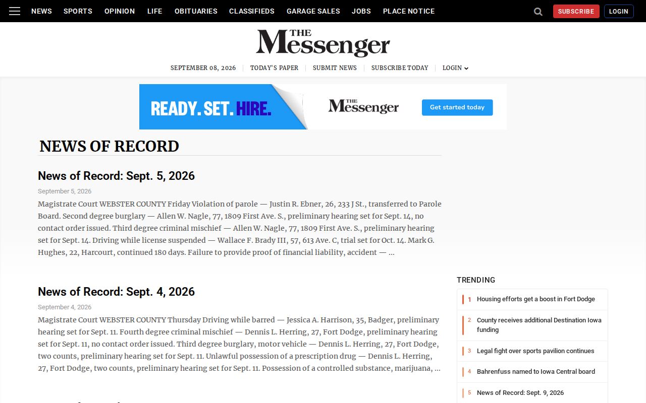 The Messenger News of Record page for Webster County police and court reports