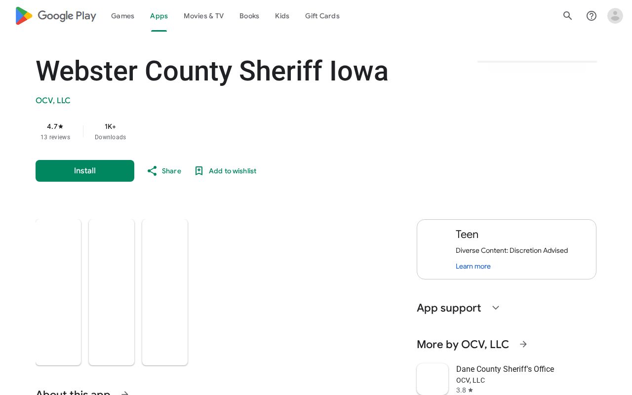 Google Play listing for the official Webster County Sheriff Iowa mobile app