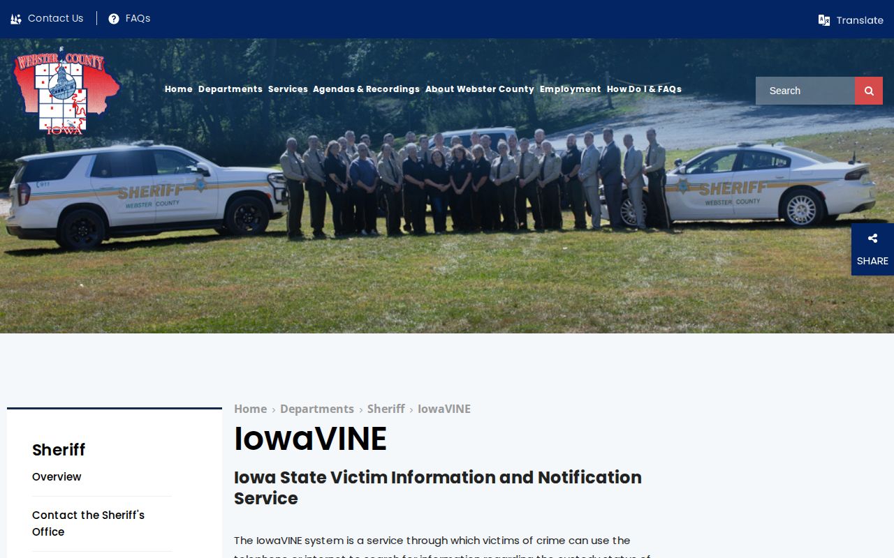 Webster County Sheriff IowaVINE information page for custody searches and notifications