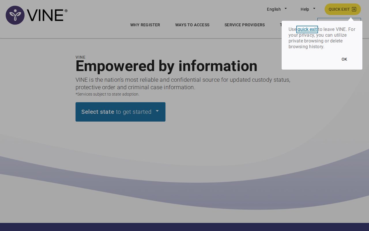 Official VINELink interface for selecting a state and searching one person's custody status