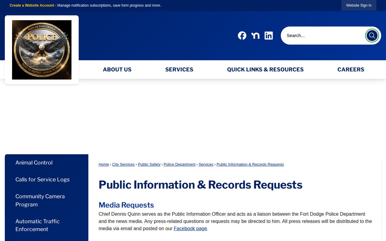 Fort Dodge Public Information and Records Requests webpage for police records and jail record routing