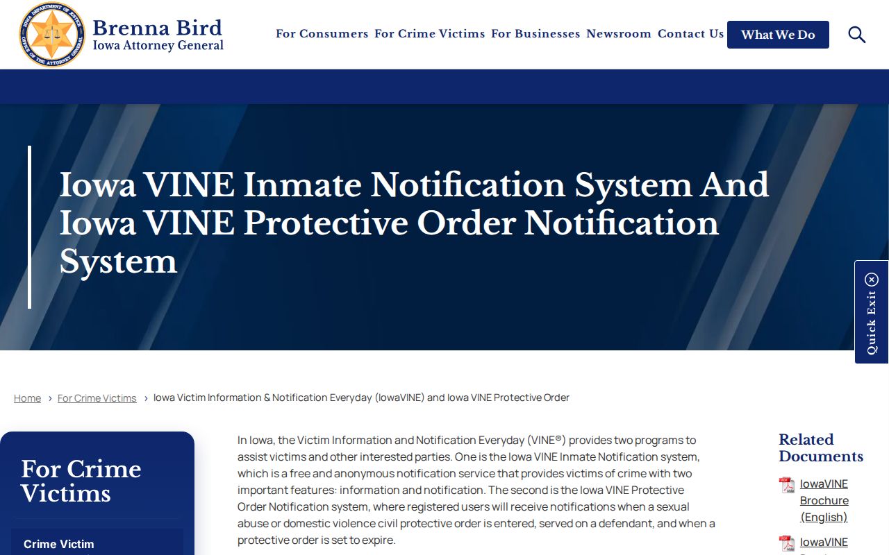 Iowa Attorney General IowaVINE page describing free anonymous custody notifications